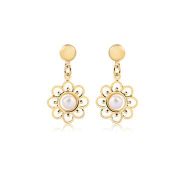 18K Gold Layered Oro Laminado Dangle with Cut Out Flower Shape and Pearl Earrings 21.0610/92